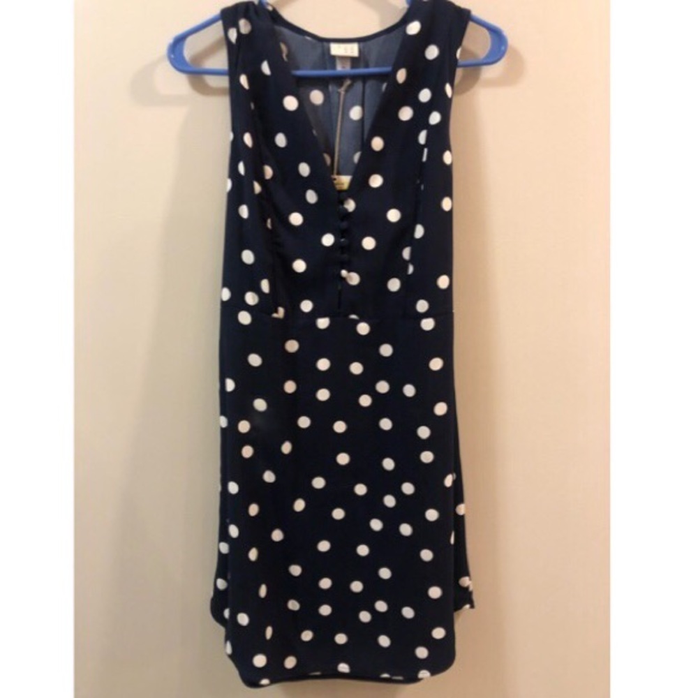 Navy and white polka dot dress